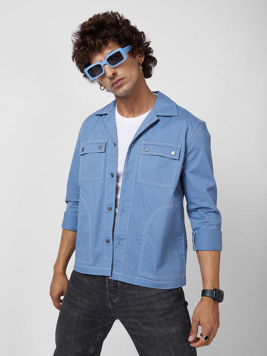 Cyan Blue 4 Pocket Notch Collar Shacket