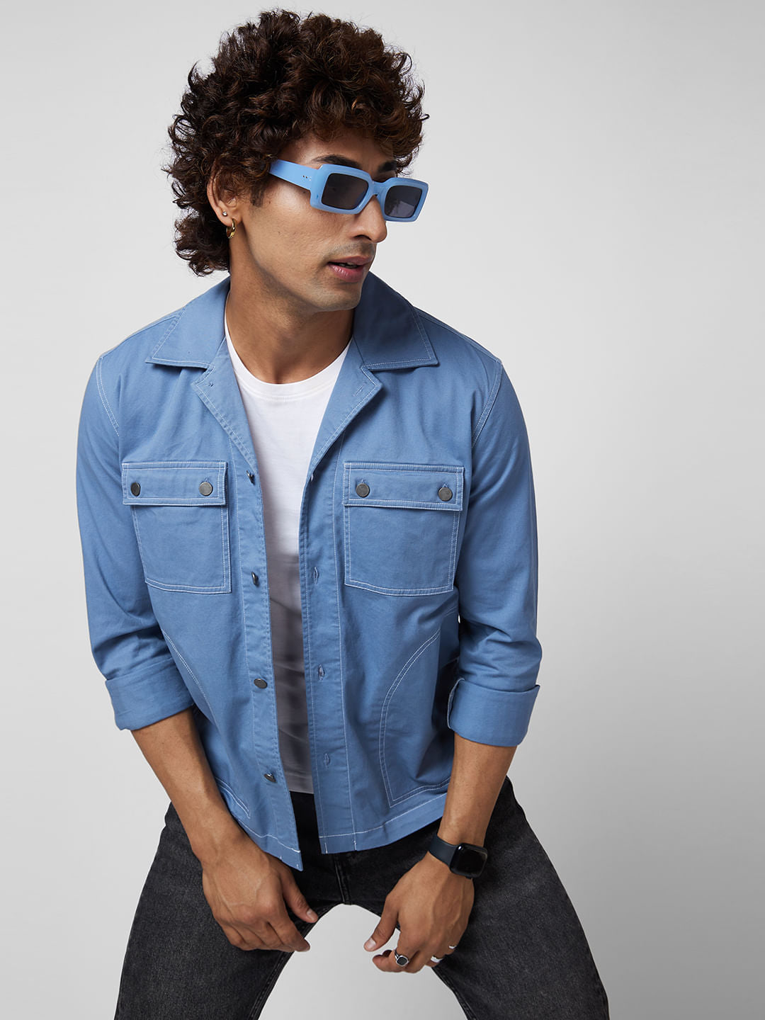 Cyan Blue 4 Pocket Notch Collar Shacket