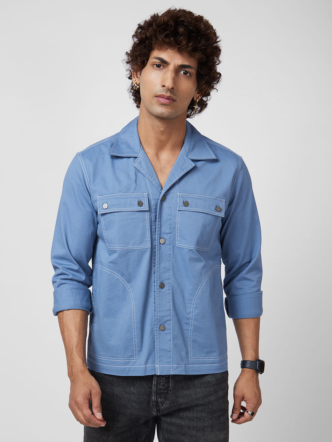 Cyan Blue 4 Pocket Notch Collar Shacket