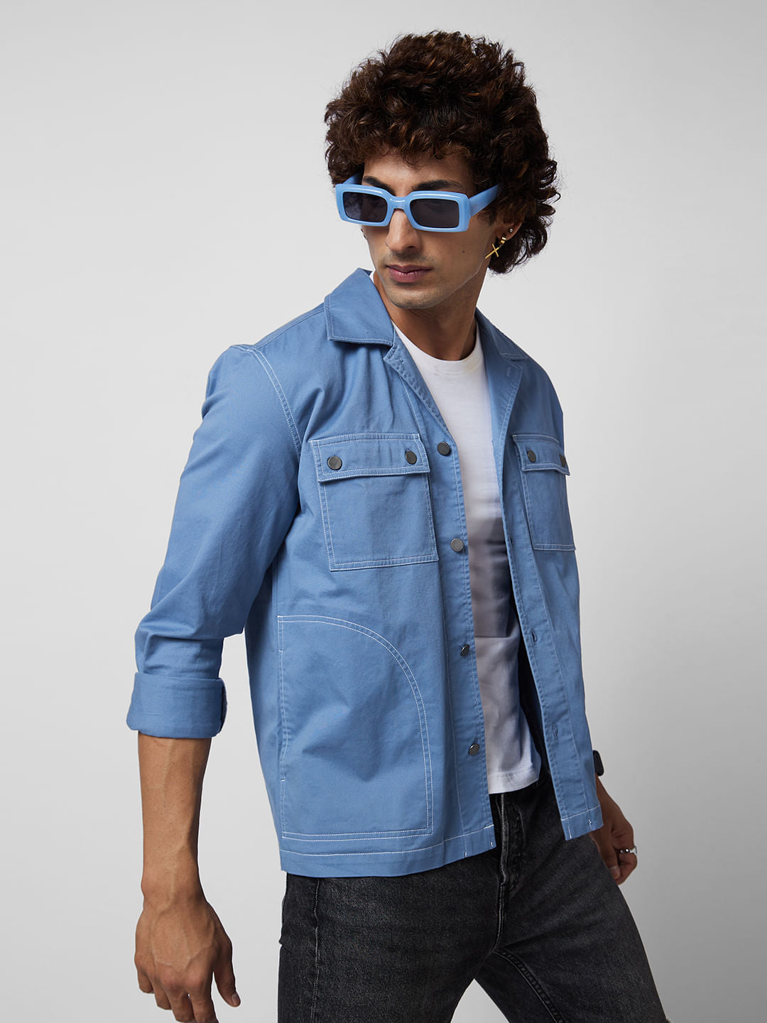 Cyan Blue 4 Pocket Notch Collar Shacket