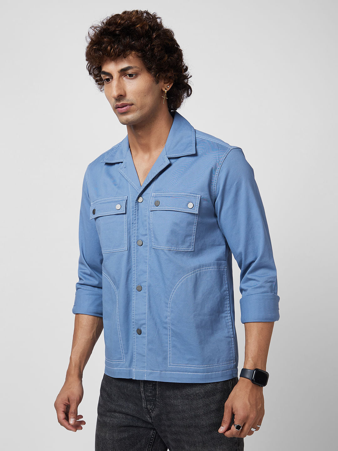 Cyan Blue 4 Pocket Notch Collar Shacket