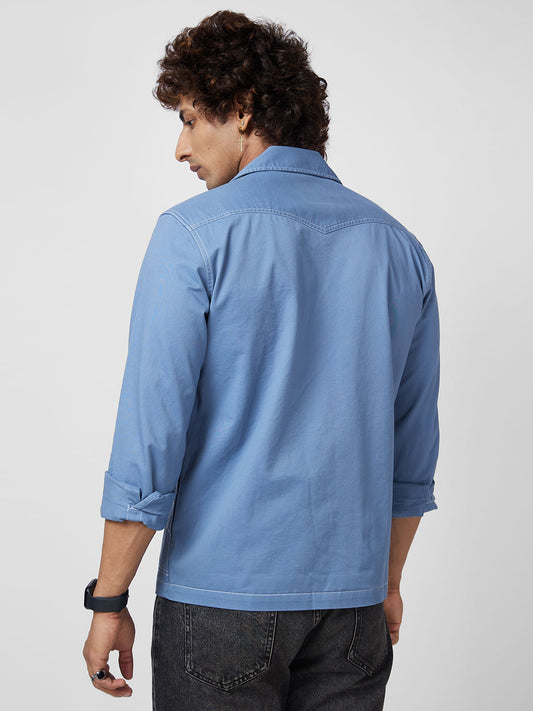 Cyan Blue 4 Pocket Notch Collar Shacket