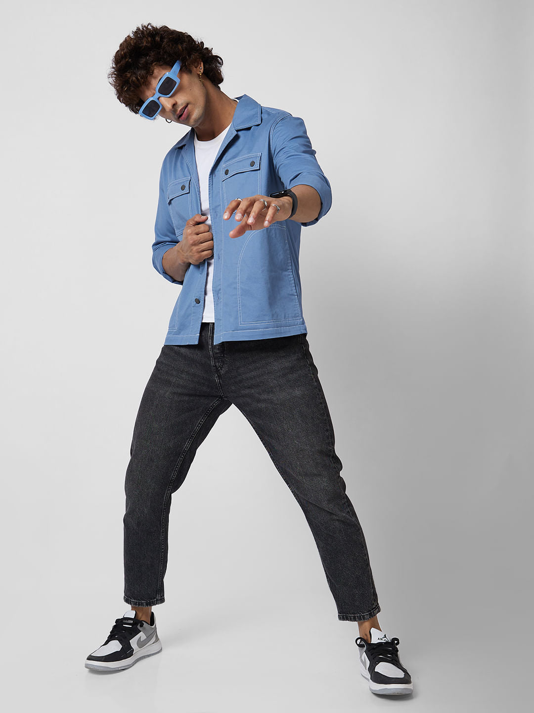 Cyan Blue 4 Pocket Notch Collar Shacket