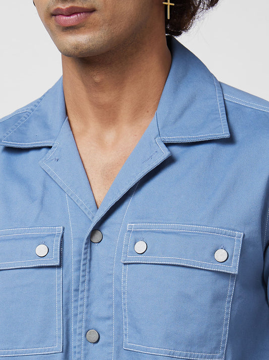 Cyan Blue 4 Pocket Notch Collar Shacket