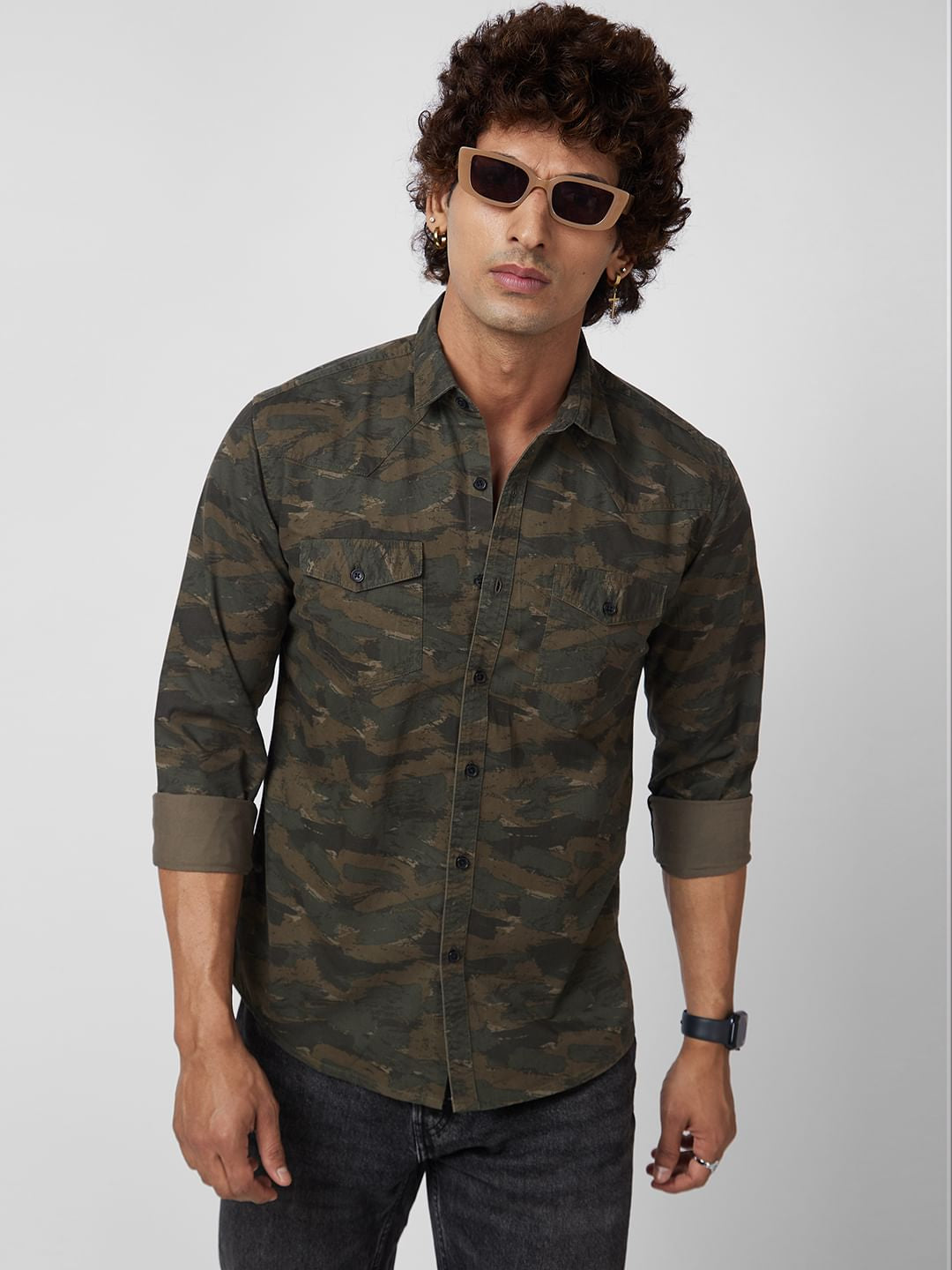 Army Green Printed Double Pocket Overshirt