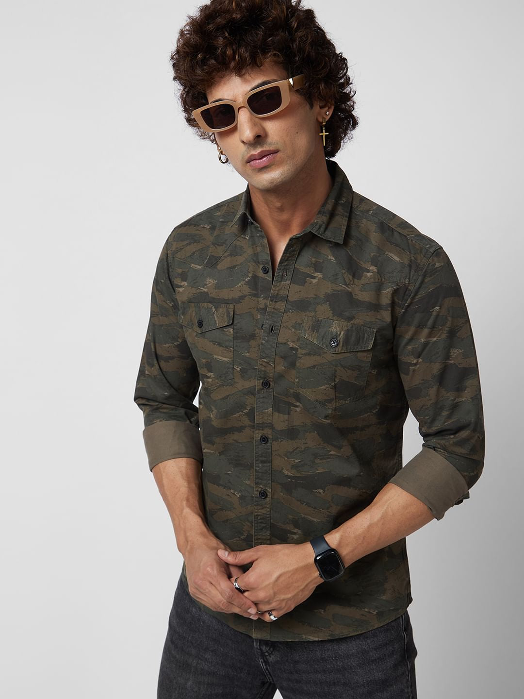 Army Green Printed Double Pocket Overshirt