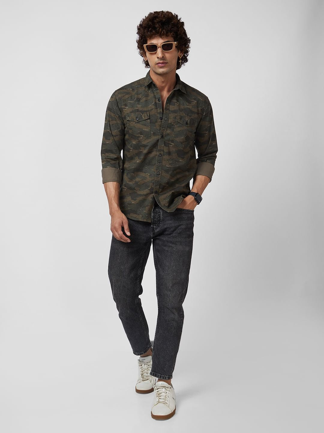 Army Green Printed Double Pocket Overshirt