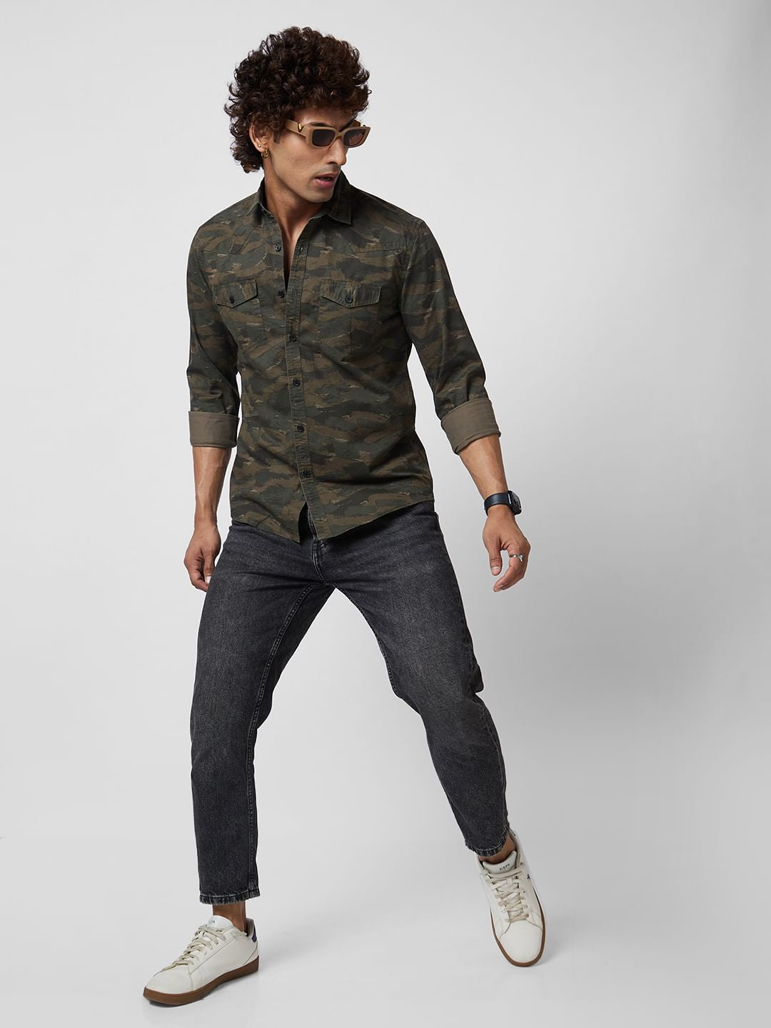 Army Green Printed Double Pocket Overshirt