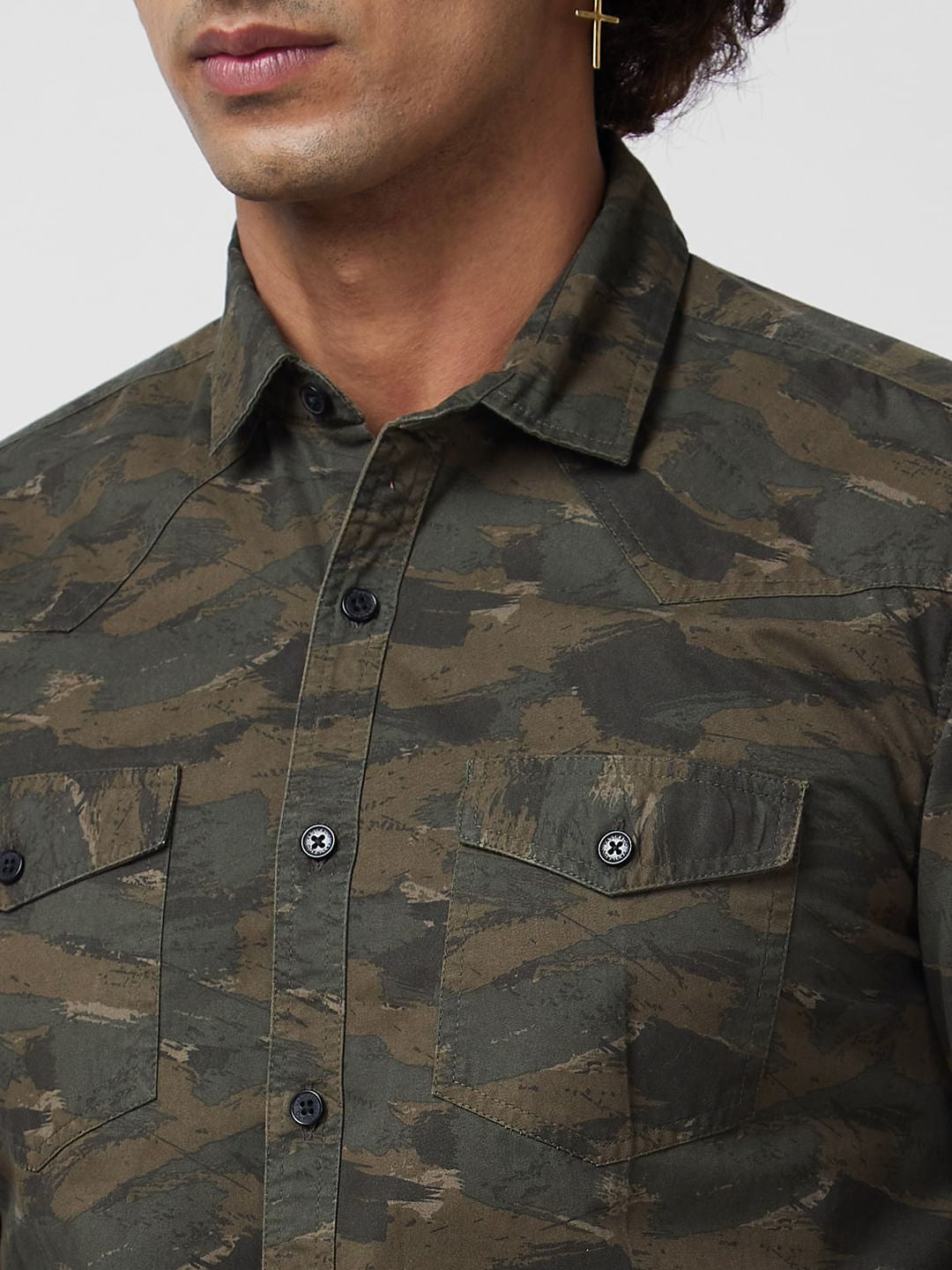 Army Green Printed Double Pocket Overshirt