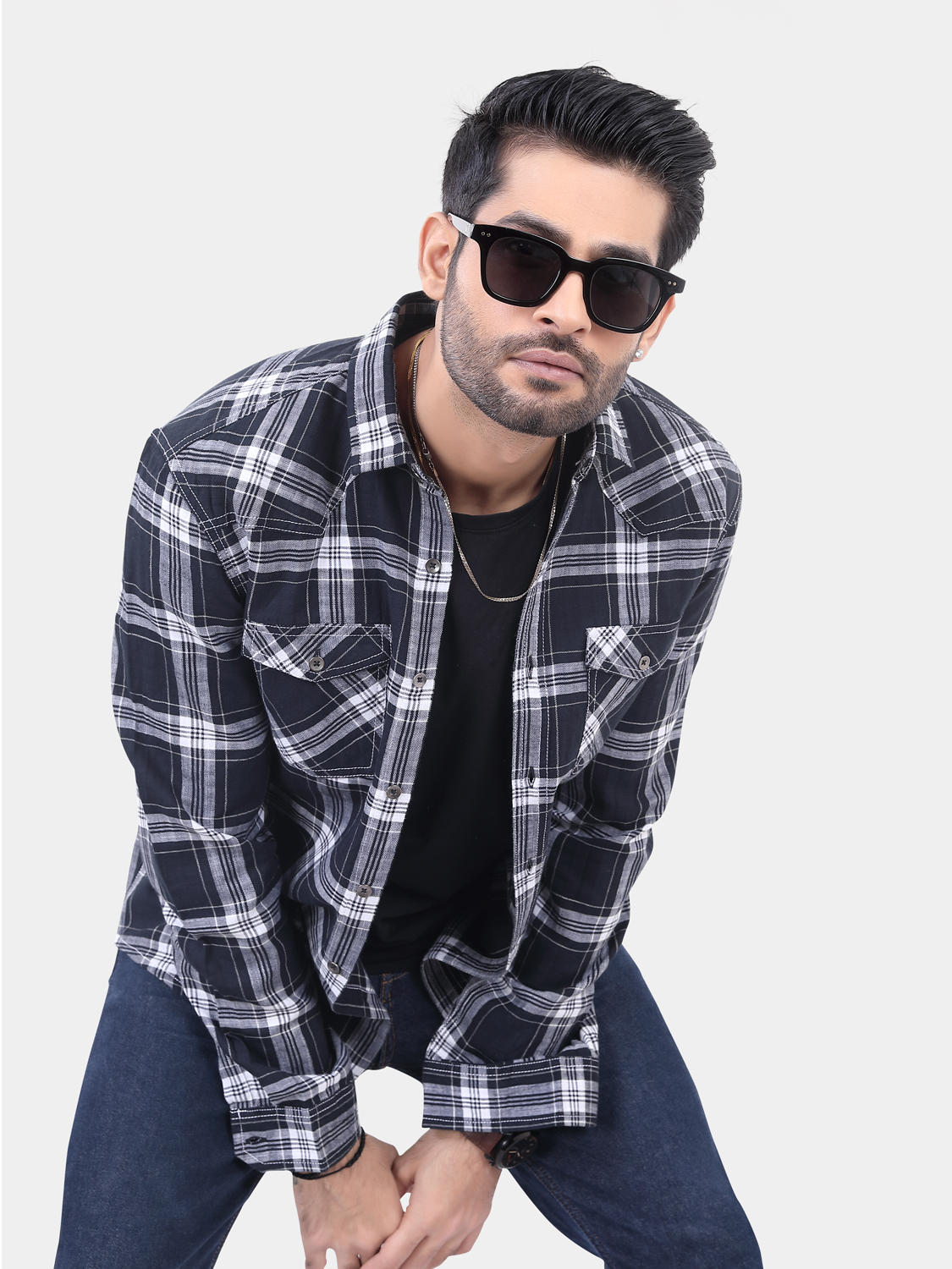 Black And White Double Pocket Checked Overshirt