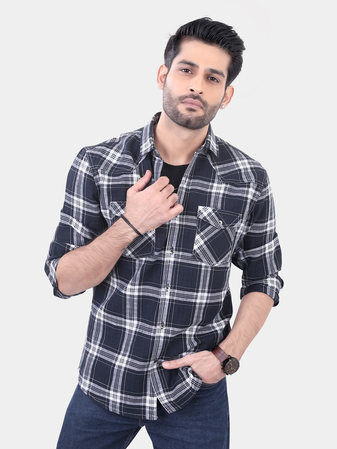 Black And White Double Pocket Checked Overshirt