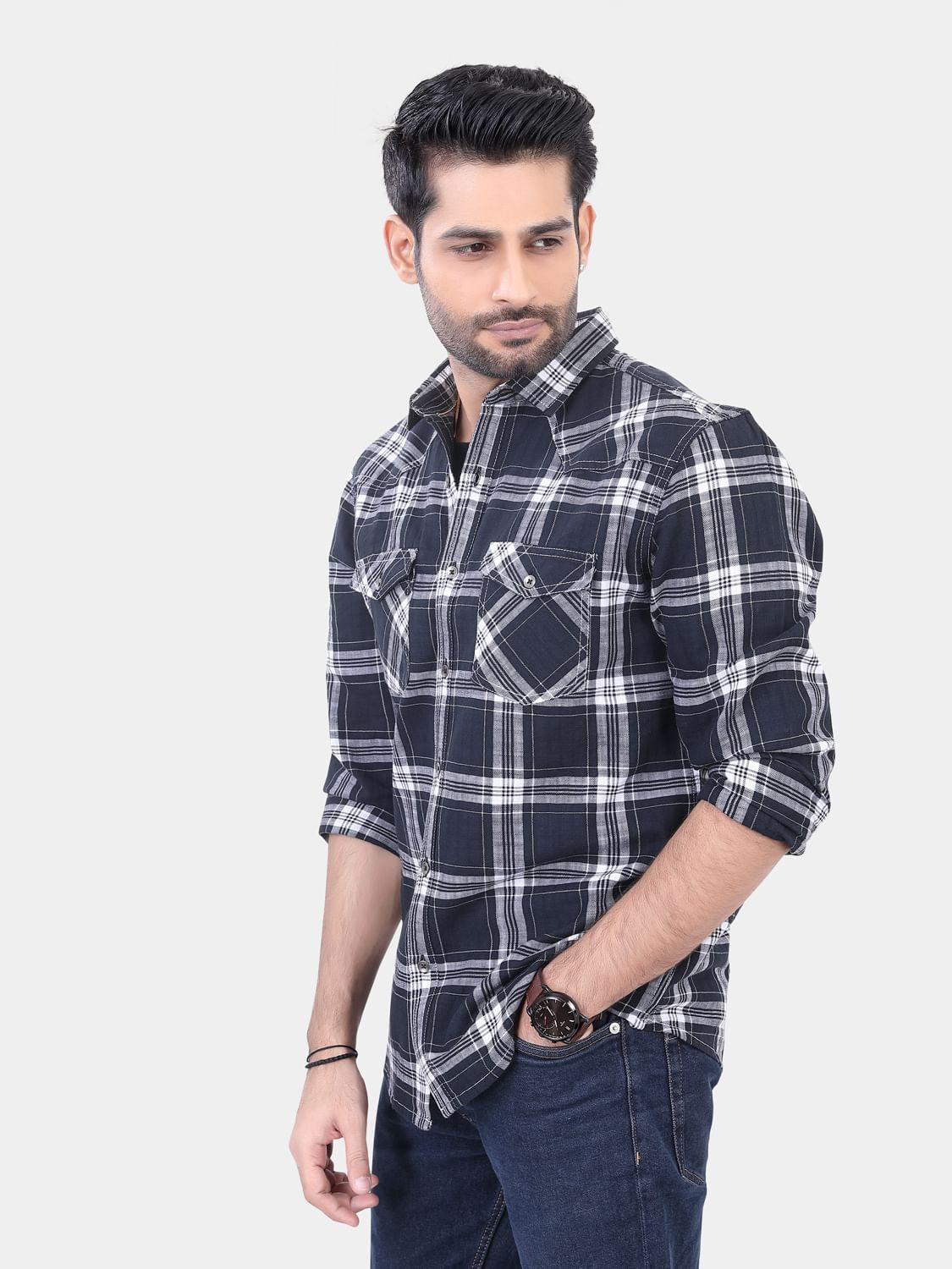 Black And White Double Pocket Checked Overshirt