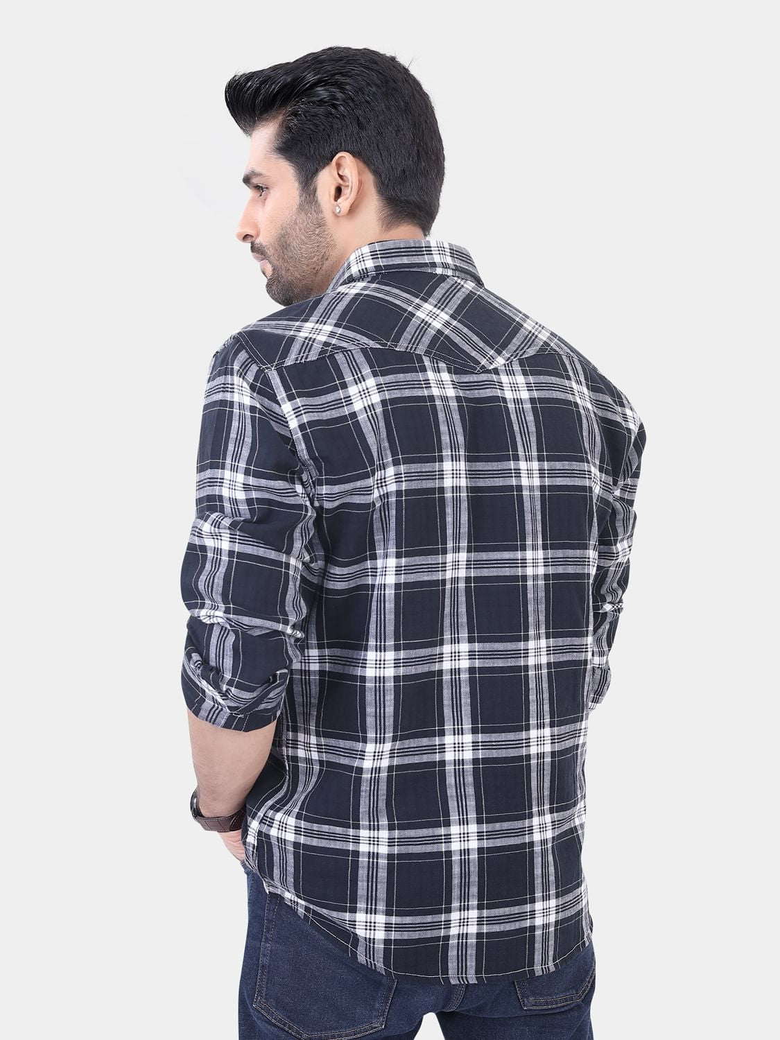 Black And White Double Pocket Checked Overshirt