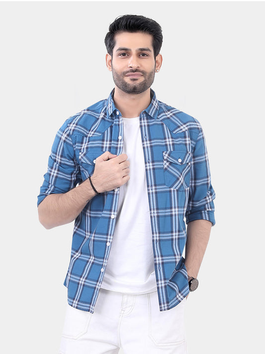 Blue Double Pocket Checkered Overshirt