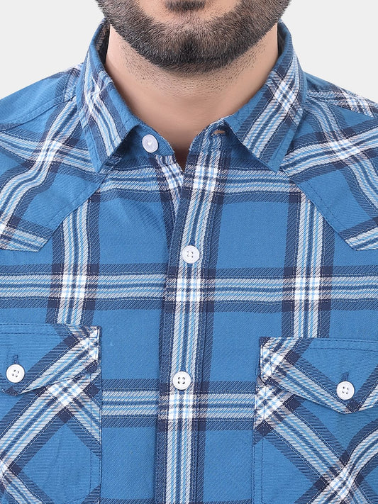 Blue Double Pocket Checkered Overshirt