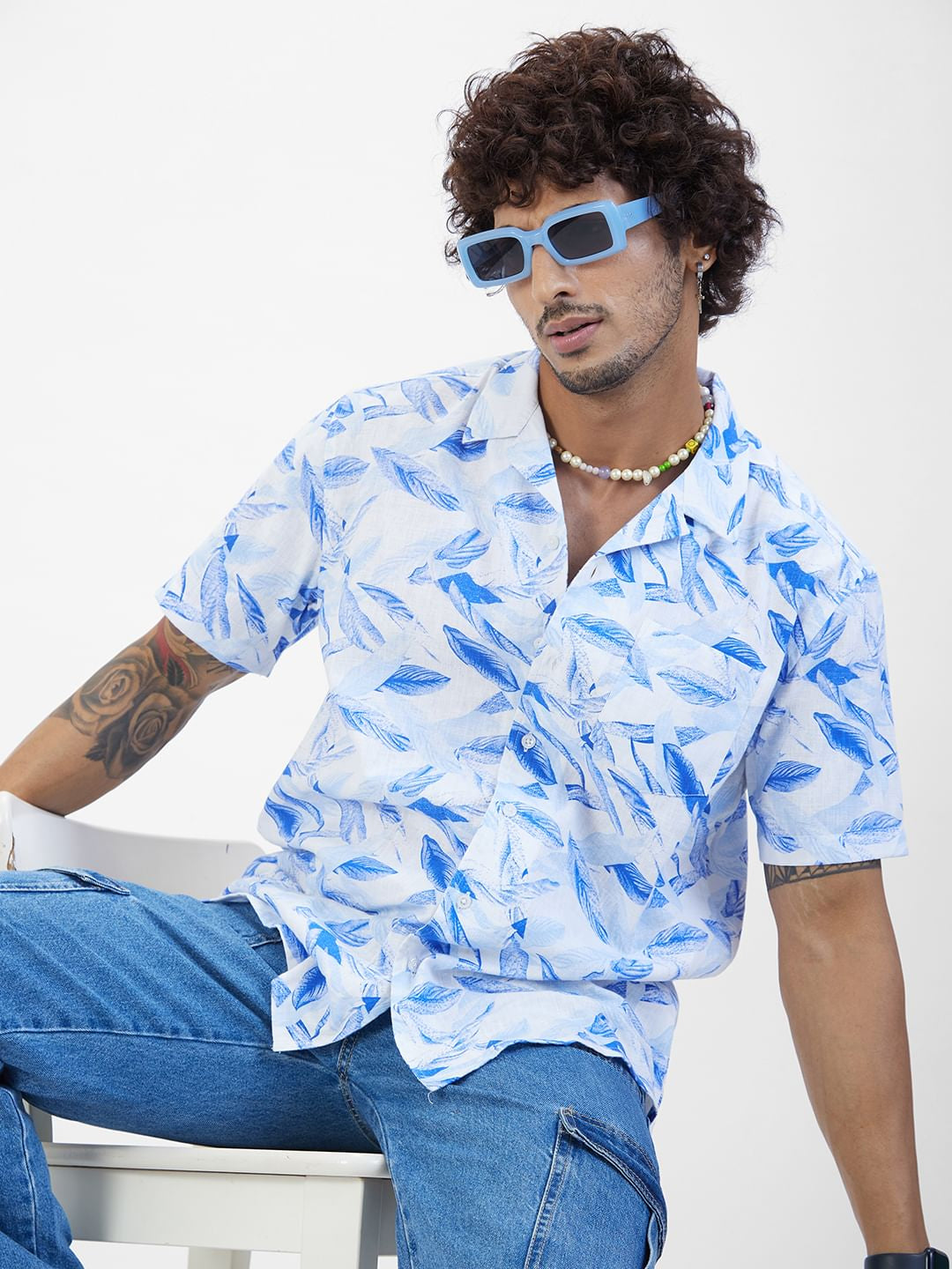 Leaf Printed Resort Collar Oversized Shirt