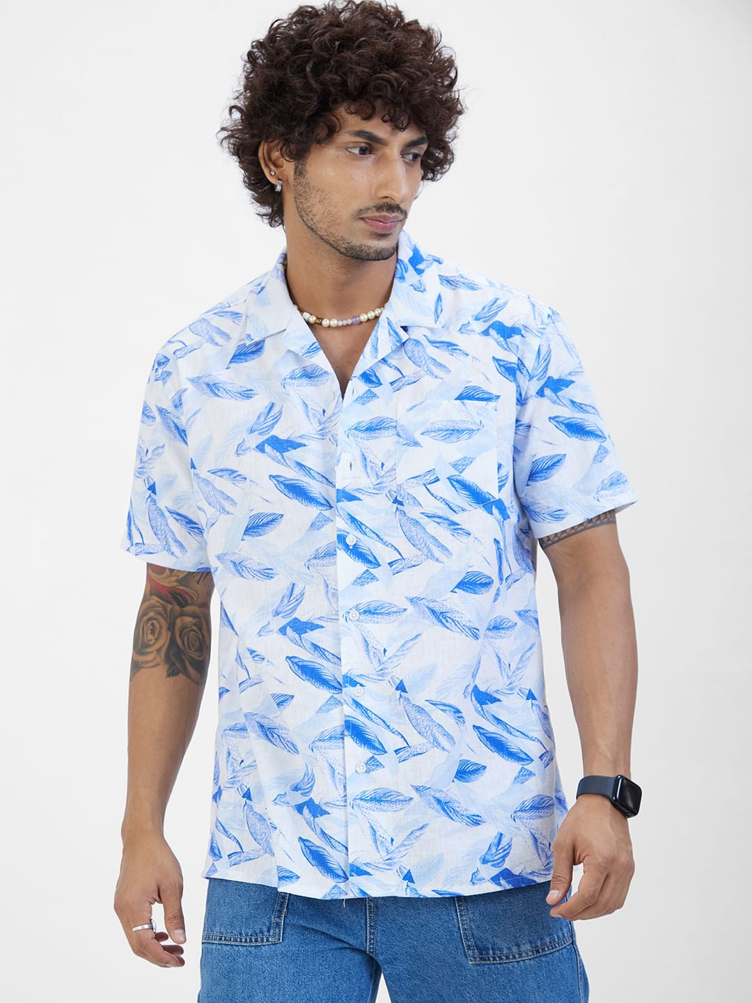 Leaf Printed Resort Collar Oversized Shirt