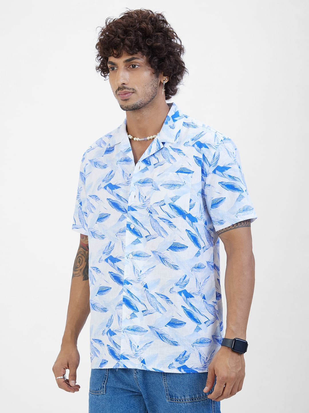Leaf Printed Resort Collar Oversized Shirt