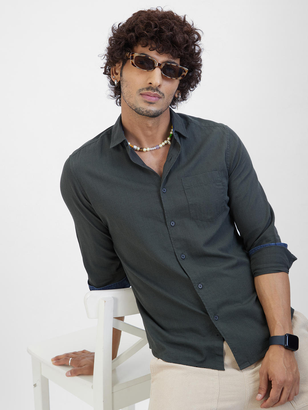 Olive Textured Casual Shirt