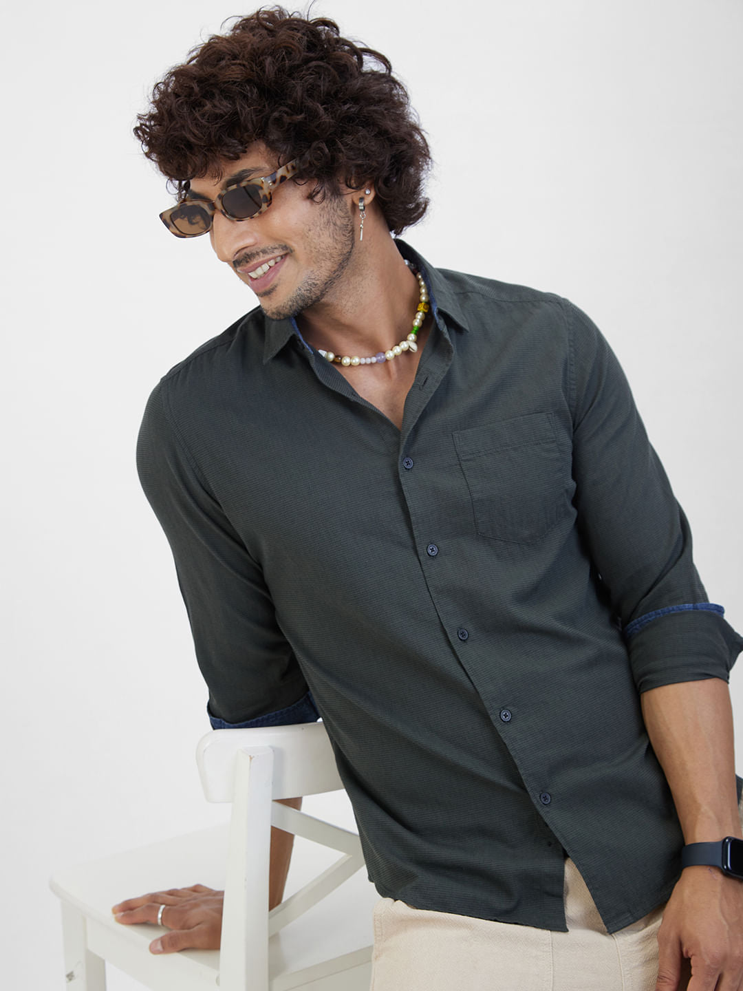 Olive Textured Casual Shirt