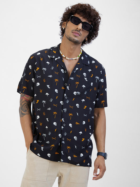 Black Printed Notch Collar Oversized Shirt