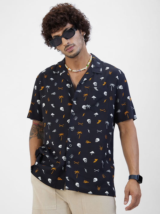 Black Printed Notch Collar Oversized Shirt
