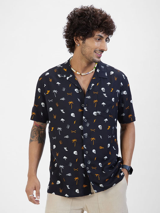 Black Printed Notch Collar Oversized Shirt