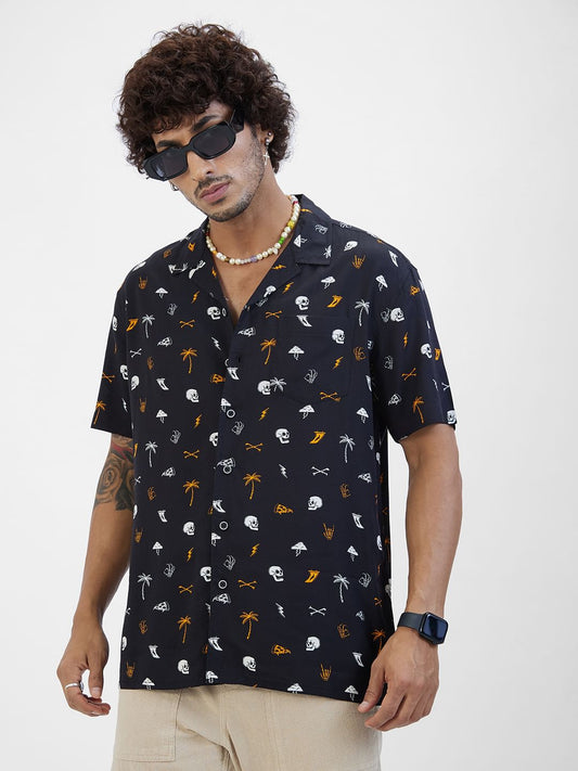 Black Printed Notch Collar Oversized Shirt