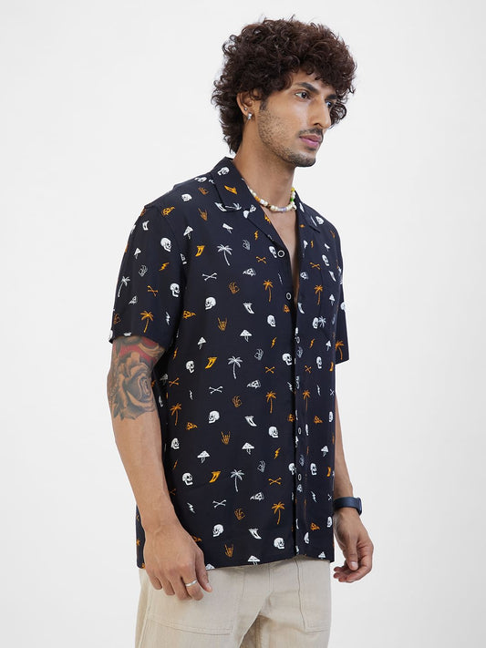 Black Printed Notch Collar Oversized Shirt