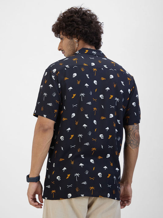 Black Printed Notch Collar Oversized Shirt