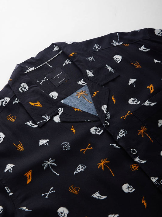 Black Printed Notch Collar Oversized Shirt