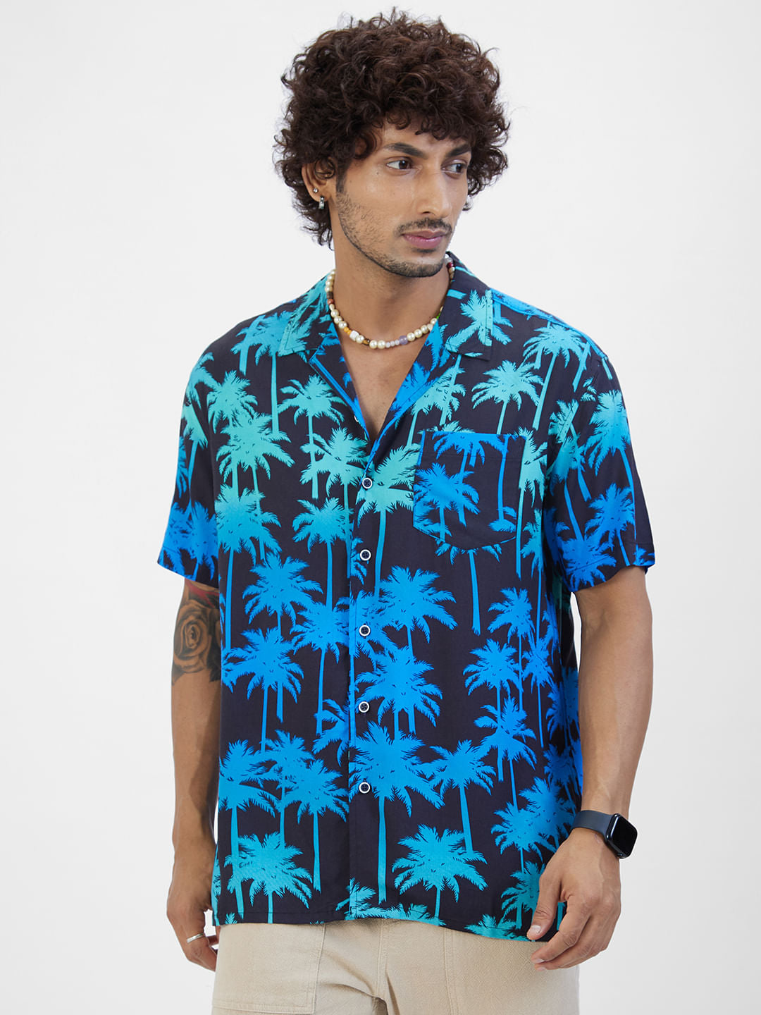 Vibrant Coco Tree Printed Notch Collar Oversized Shirt