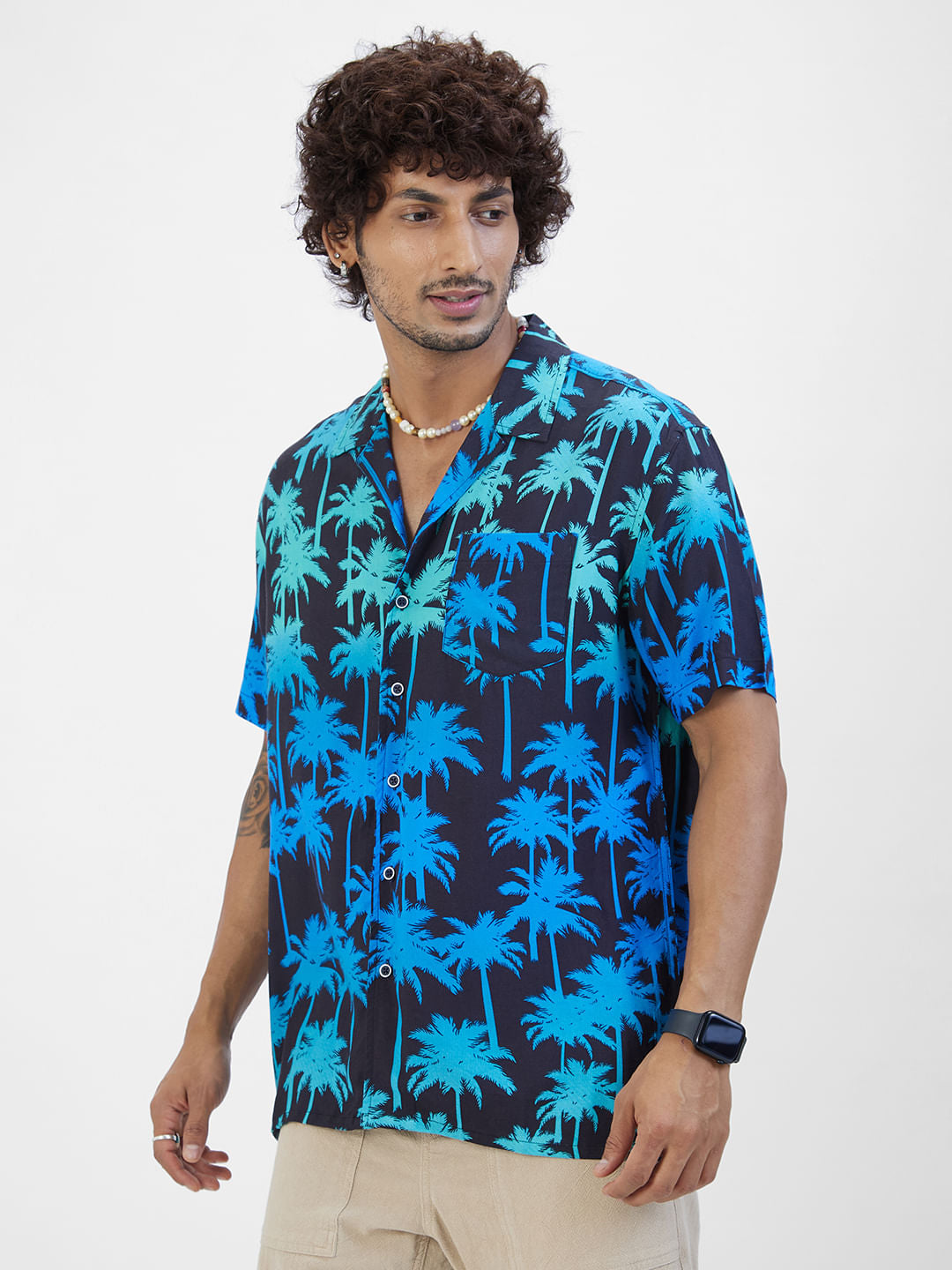 Vibrant Coco Tree Printed Notch Collar Oversized Shirt