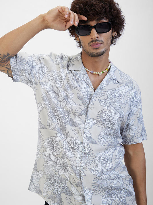Grey Floral Printed Notch Collar Oversized Shirt