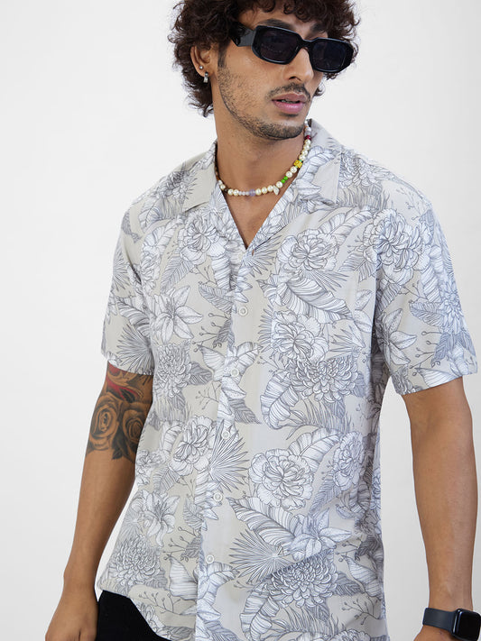 Grey Floral Printed Notch Collar Oversized Shirt