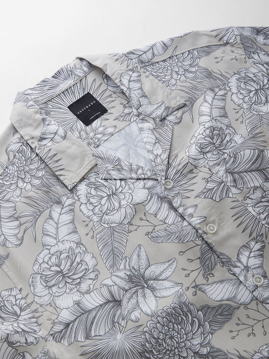 Grey Floral Printed Notch Collar Oversized Shirt