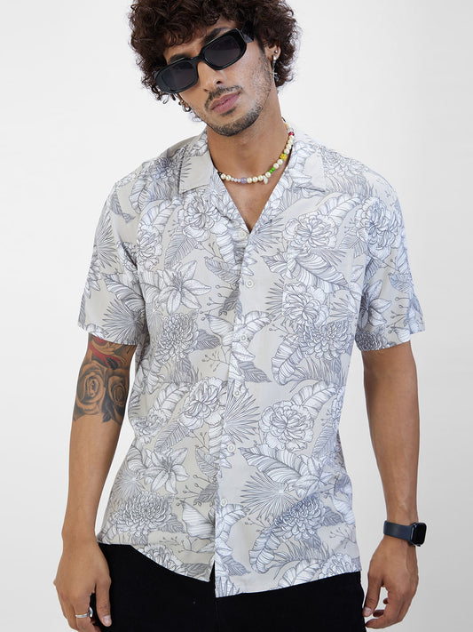 Grey Floral Printed Notch Collar Oversized Shirt