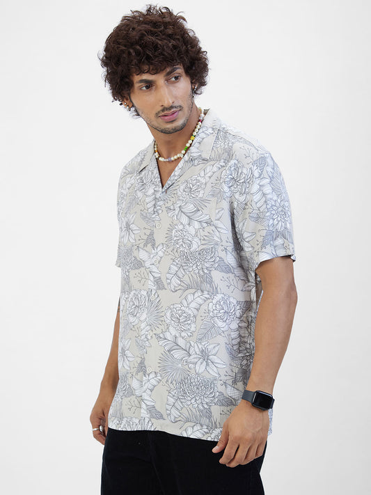 Grey Floral Printed Notch Collar Oversized Shirt