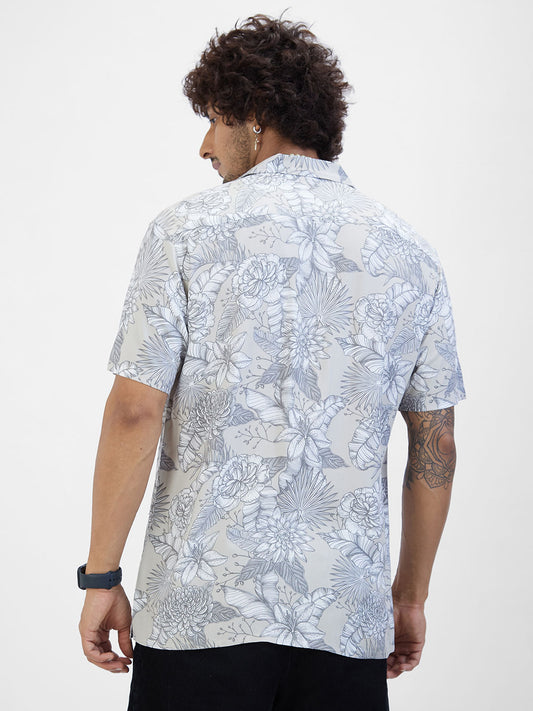 Grey Floral Printed Notch Collar Oversized Shirt