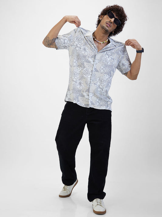 Grey Floral Printed Notch Collar Oversized Shirt