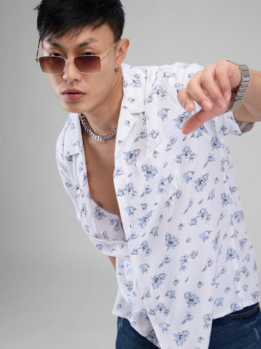 White Floral Printed Notch Collar Oversized Shirt