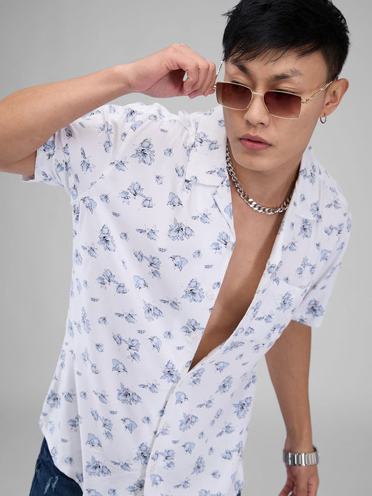 White Floral Printed Notch Collar Oversized Shirt