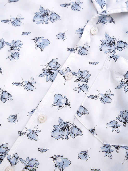 White Floral Printed Notch Collar Oversized Shirt