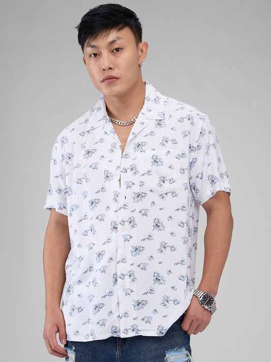 White Floral Printed Notch Collar Oversized Shirt