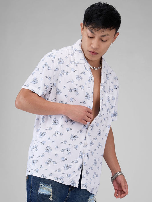 White Floral Printed Notch Collar Oversized Shirt