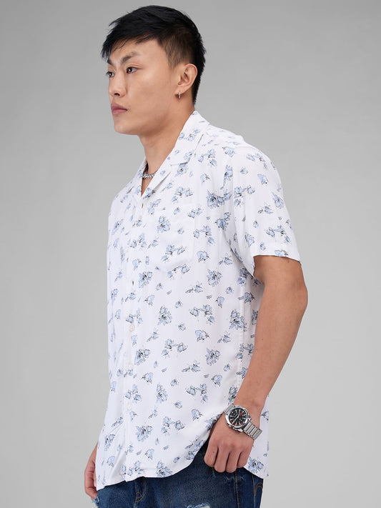 White Floral Printed Notch Collar Oversized Shirt
