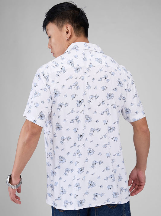White Floral Printed Notch Collar Oversized Shirt