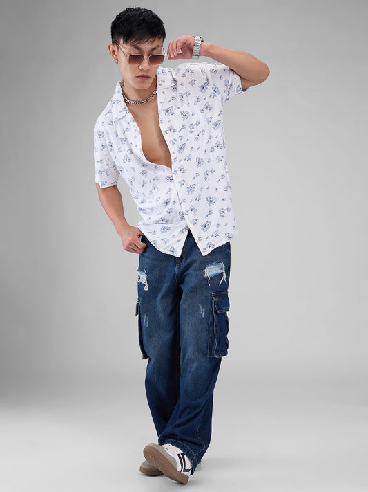 White Floral Printed Notch Collar Oversized Shirt