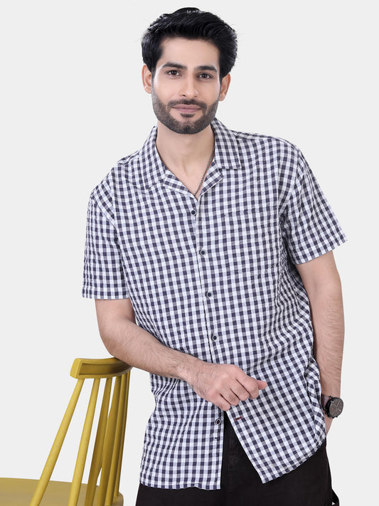 Grey and White Seersucker Checked Oversized Shirt