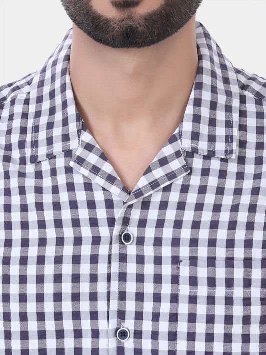 Grey and White Seersucker Checked Oversized Shirt